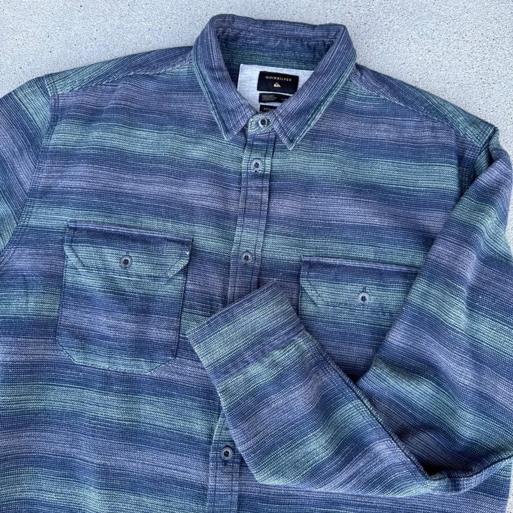 Quiksilver Men Size Large Long Sleeve‎ Button Up Shirt Striped Blue Green